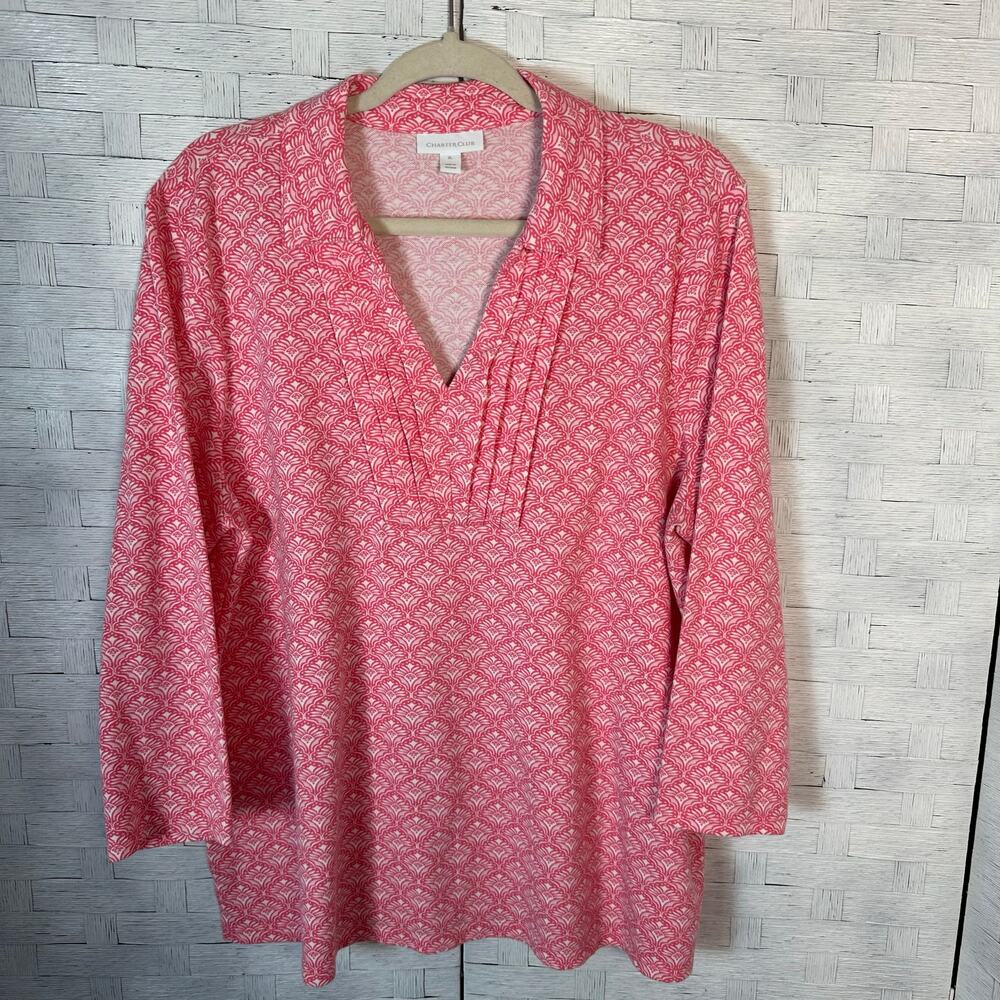 Charter club women's blouse Pit Tuck pleat
 pink white scallop print feminine